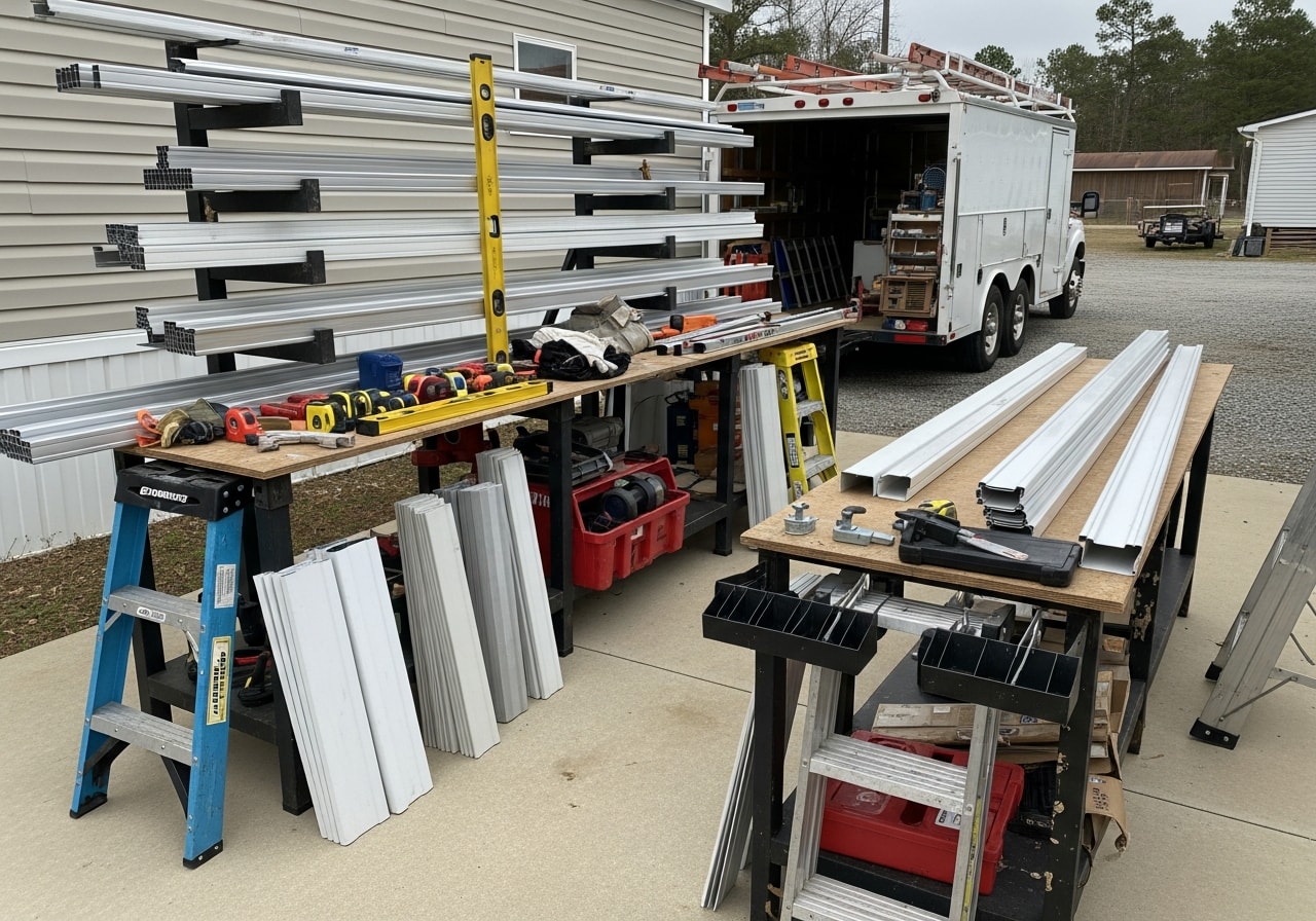 Gutter installation crew with tools and equipment ready for residential exterior work.