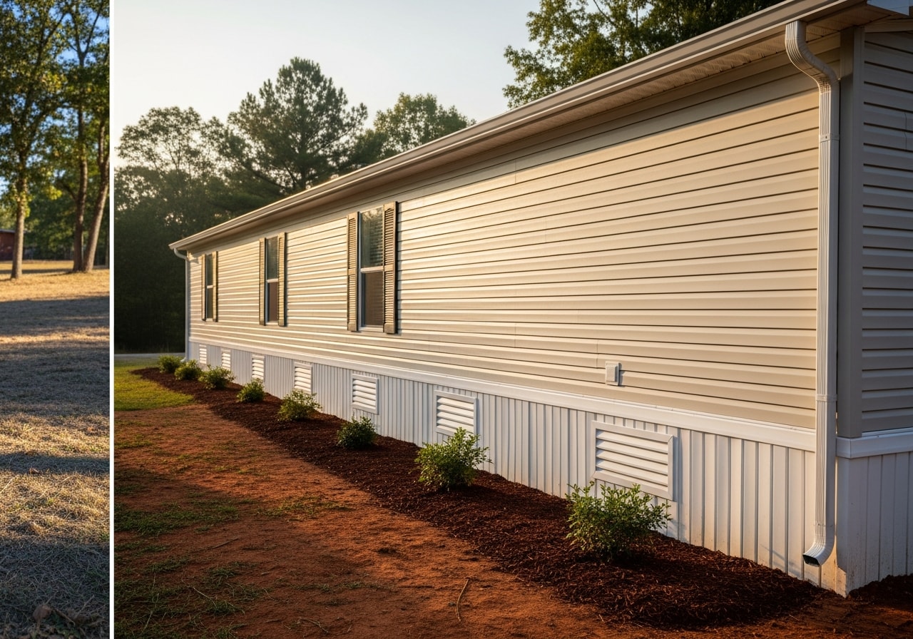 New vinyl skirting and seamless gutters on a single-wide mobile home in Clanton