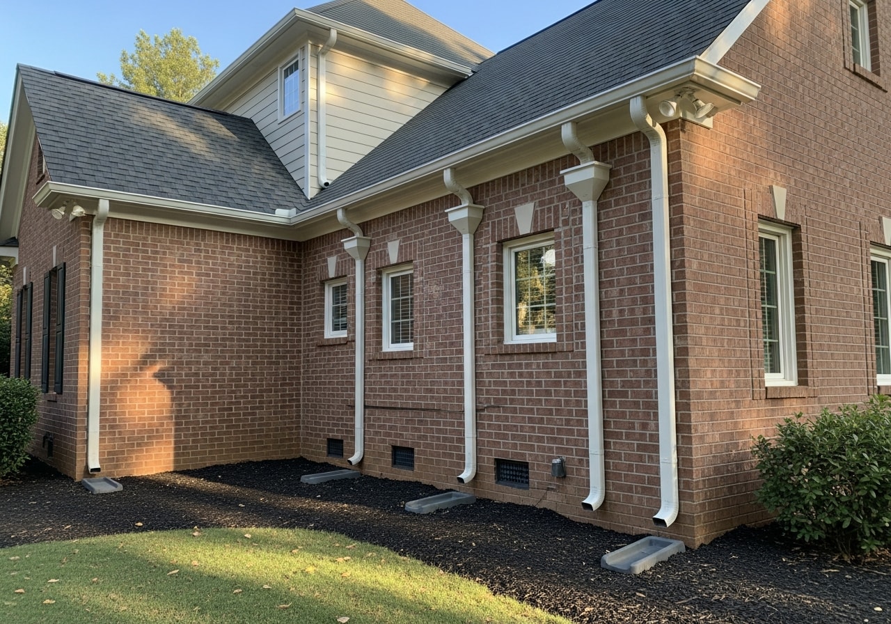 Seamless gutters and extended downspouts on a two-story home in Birmingham