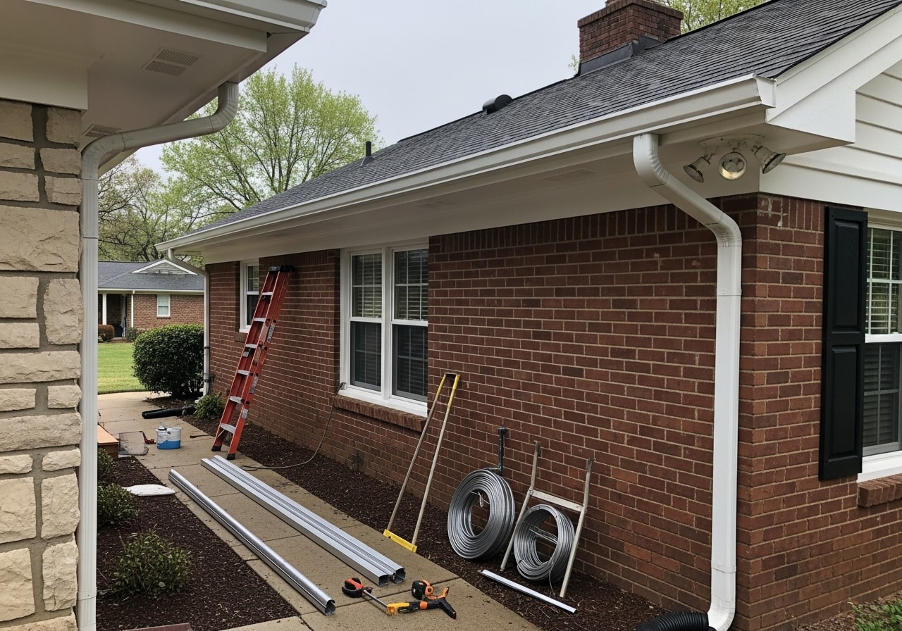 Newly installed seamless aluminum gutters on a two-story colonial home in Birmingham