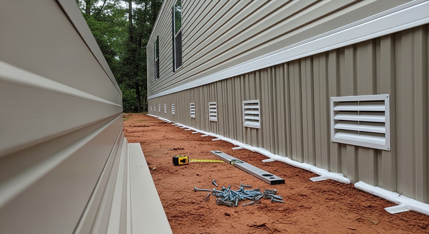 Freshly installed mobile home skirting along the base of a single-wide home in Birmingham, AL, with clean panel lines and a finished perimeter. The skirting runs flush to the ground with visible ventilation openings on the front side of the structure.
