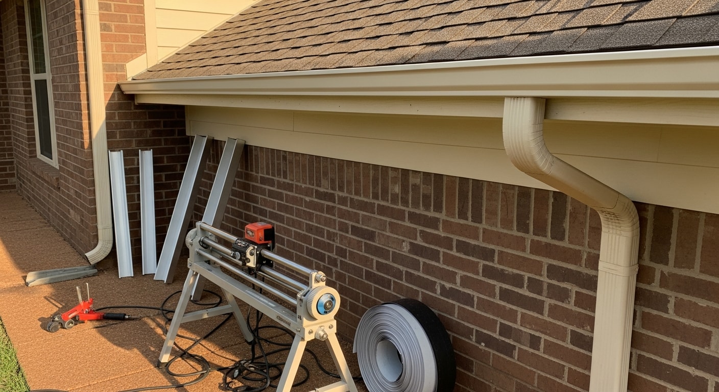 Freshly installed seamless aluminum gutters running along the roofline of a brick residential home in Birmingham, AL. Downspouts are mounted at the corners, directing water away from the foundation and landscaping.